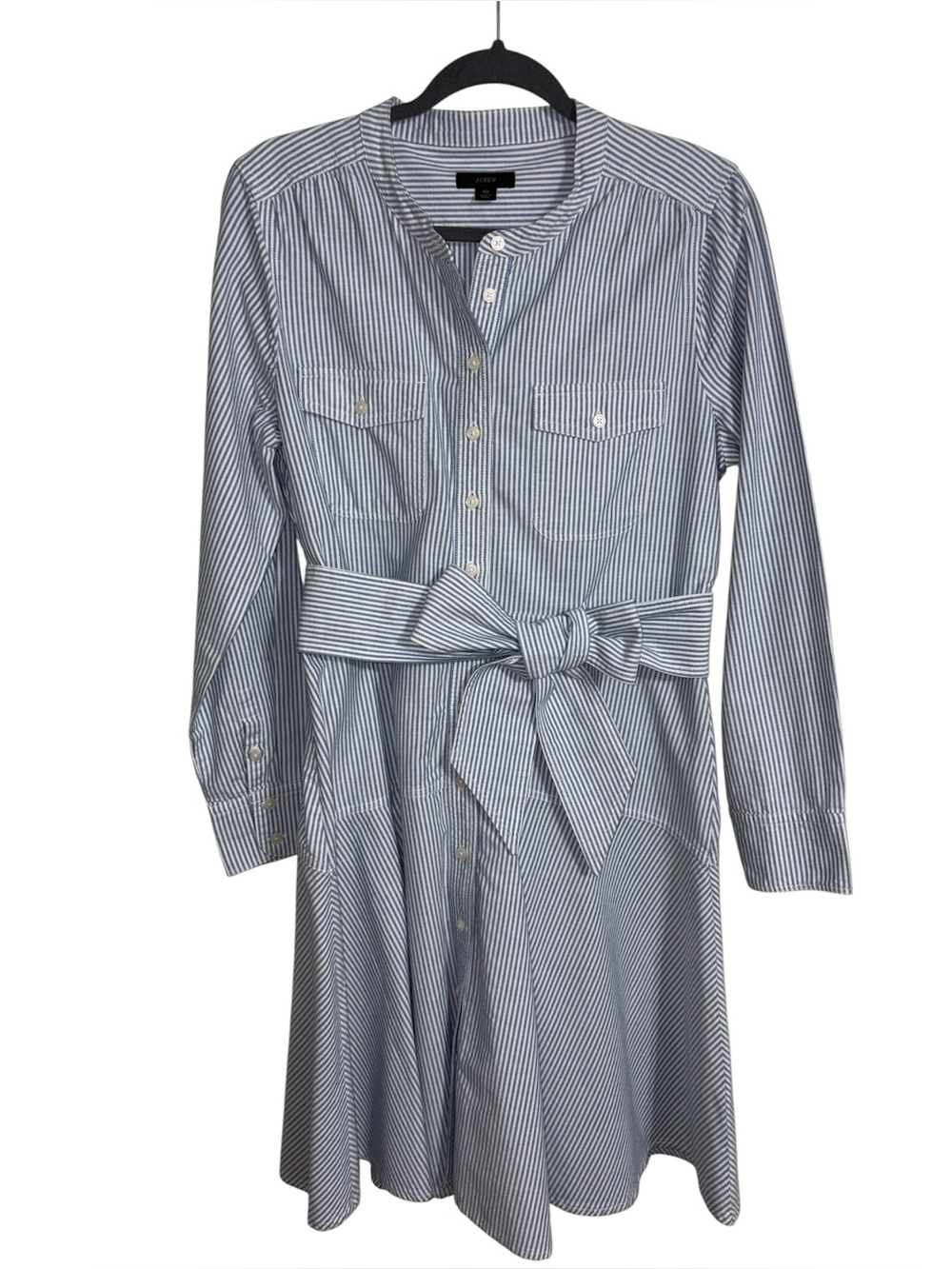 J. Crew Blue and White Striped Tie-Waist Shirtdress with Flounce Hem
